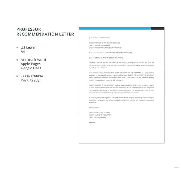 professor recommendation letter template