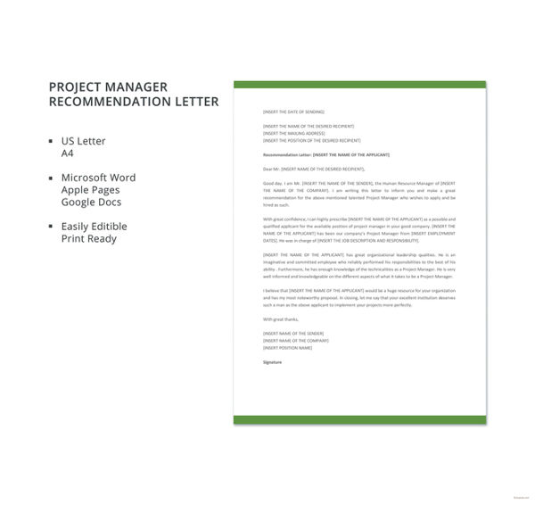 project manager recommendation letter template