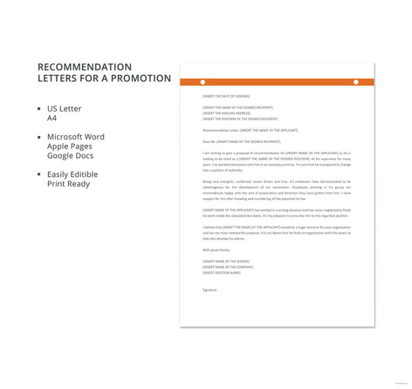 recommendation letter for promotion template