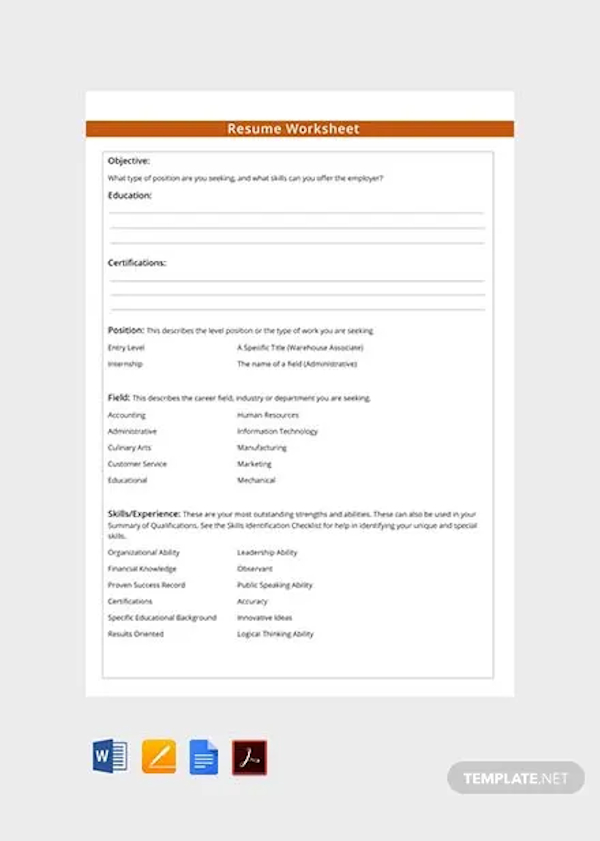 resume worksheet template