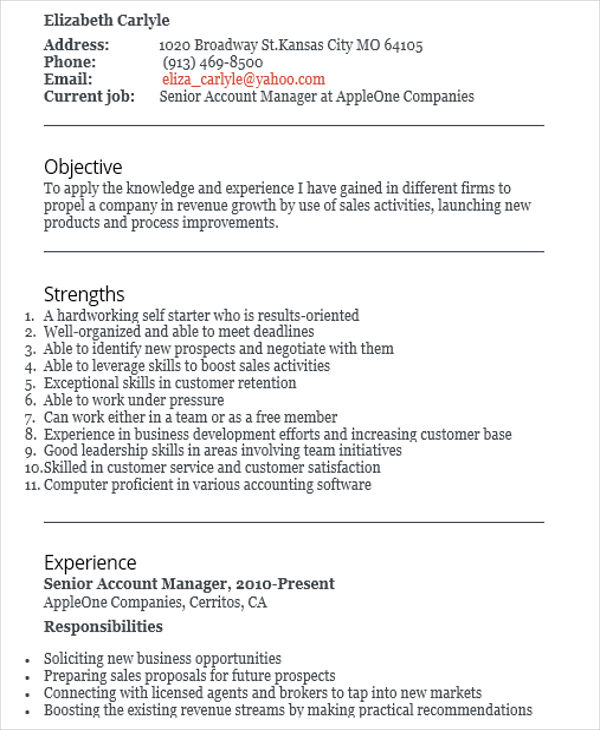 resume for account manager executive