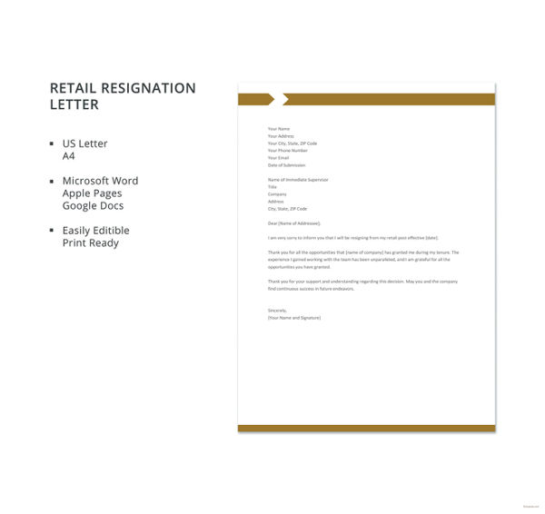 9  Retail Resignation Letter Template Sample Example Format Download