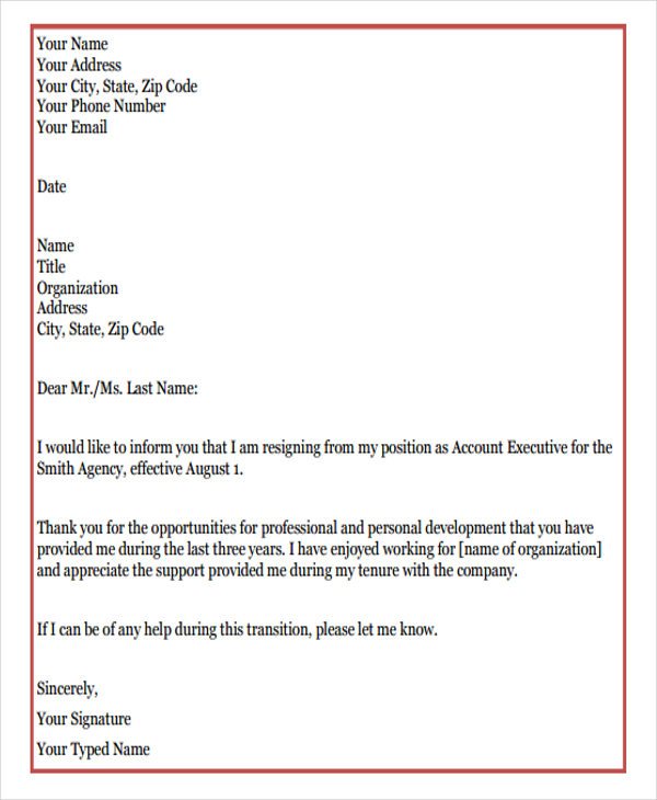 sample formal resignation letter