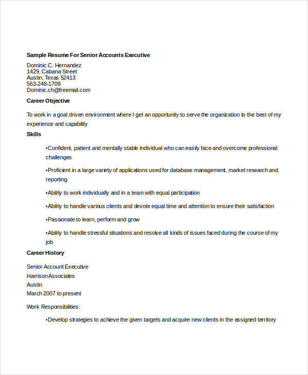 sample resume for senior accounts executive