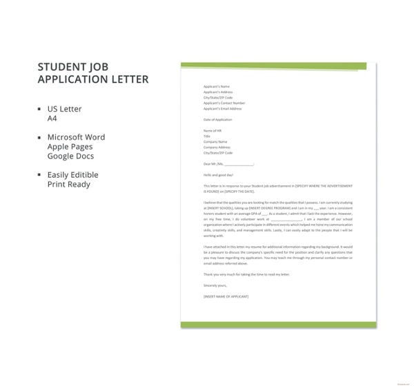 student job application letter template
