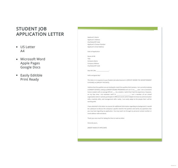 Student Job Application Letters - 10+ Free Word, PDF Format Download ...