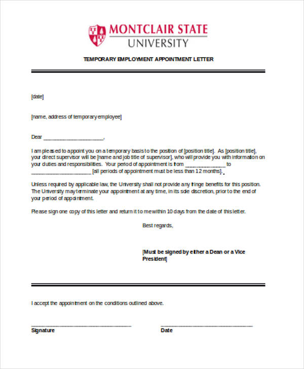 temporary employee appointment letter
