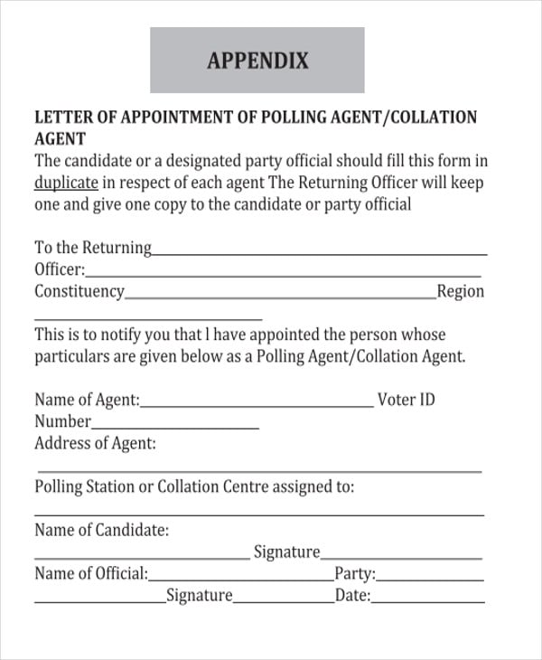 polling agent appointment letter