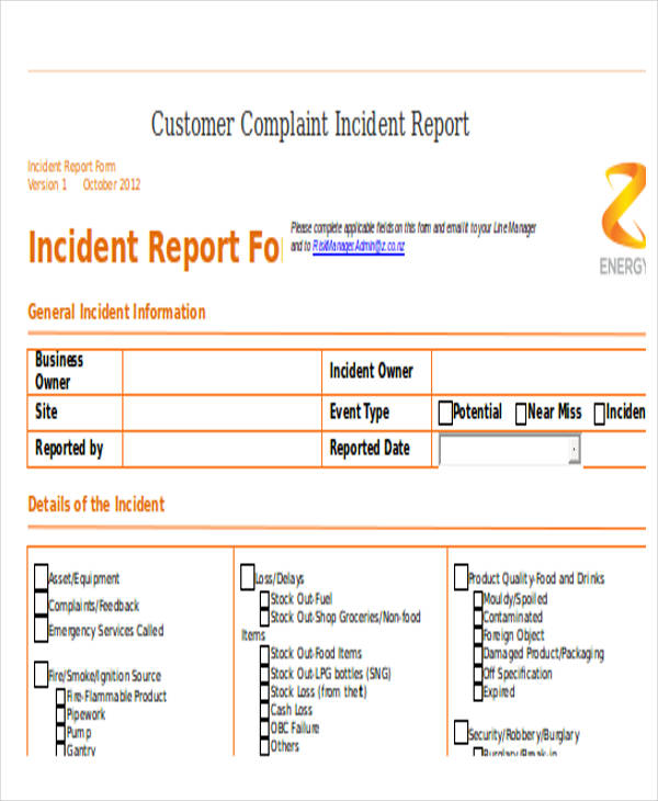 customer complaint incident report