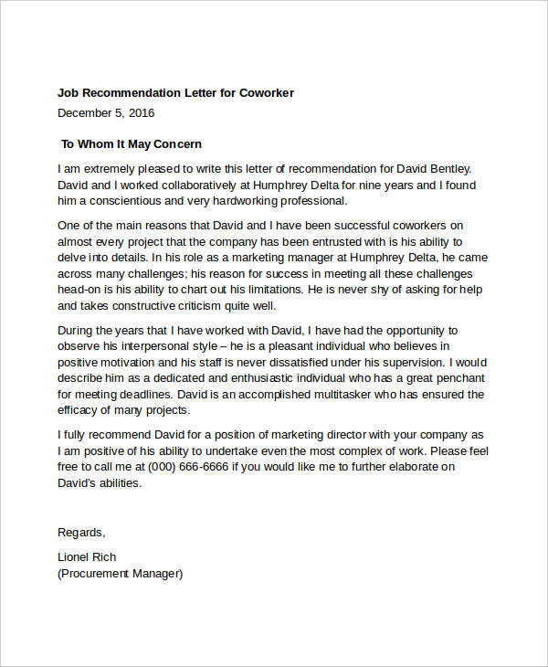 Character Reference Letter For Coworker Sample