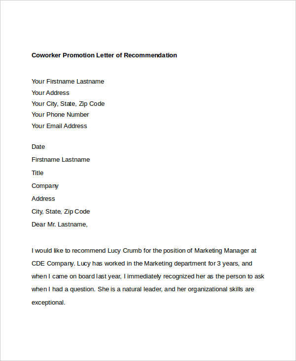 coworker promotion letter of recommendation