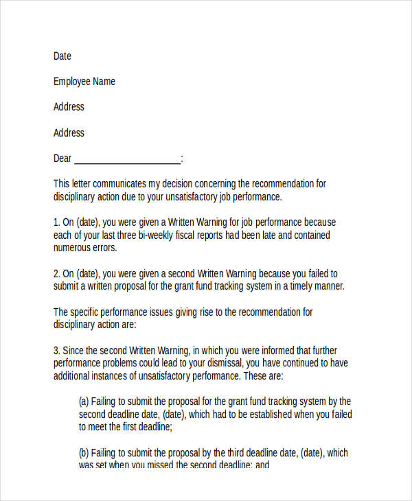 employee termination recommendation letter