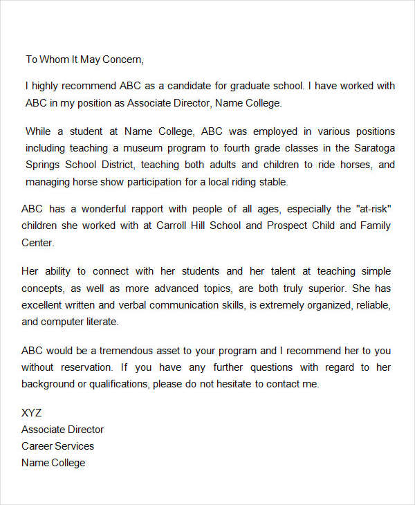 graduate school letter of recommendation from coworker