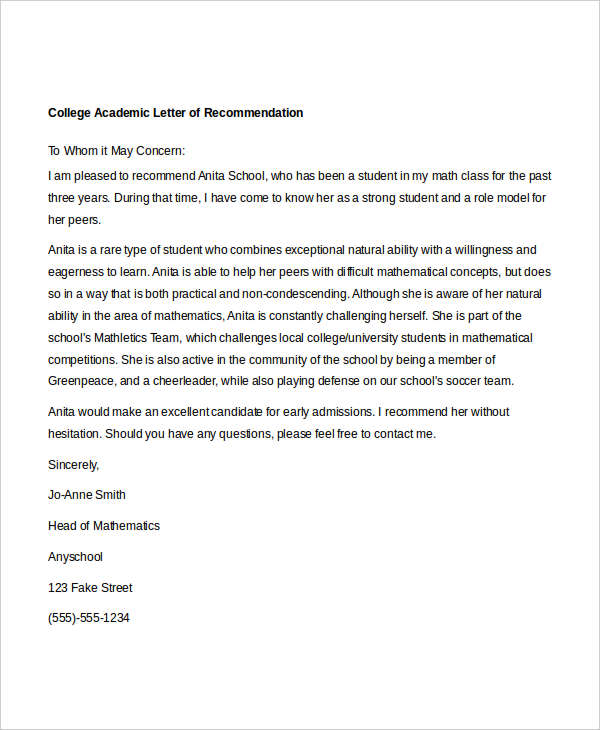 college academic letter of recommendation
