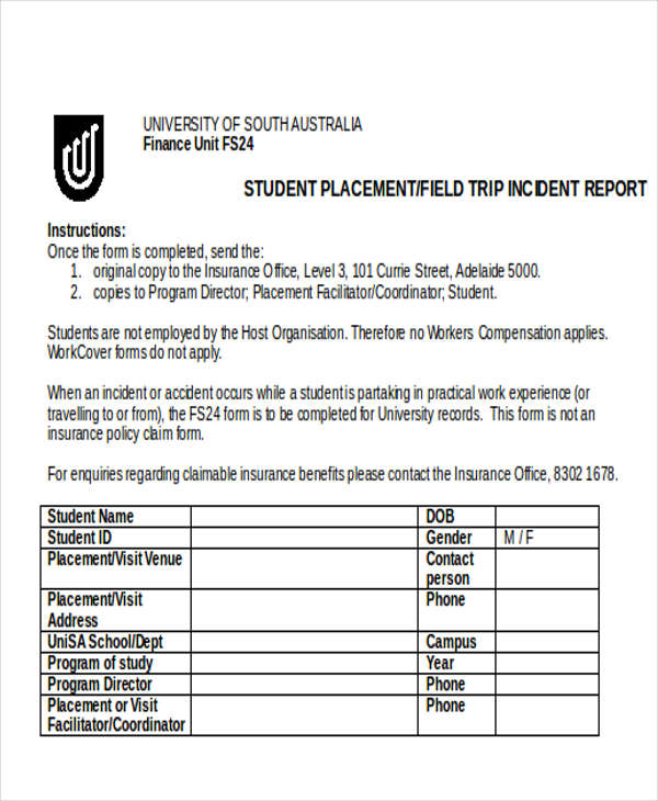 student placement incident report