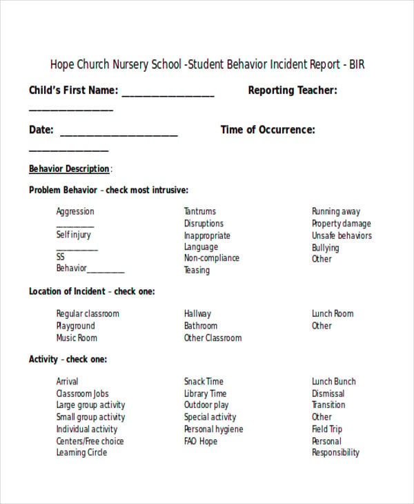 student behavior incident report