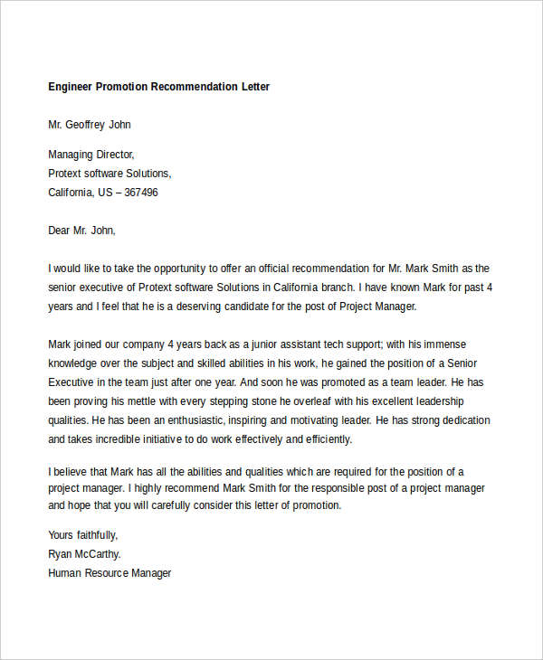 11 Promotion Recommendation Letters Free Sample Example Format Download