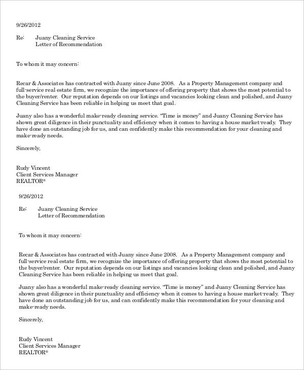 cleaning service letter of recommendation