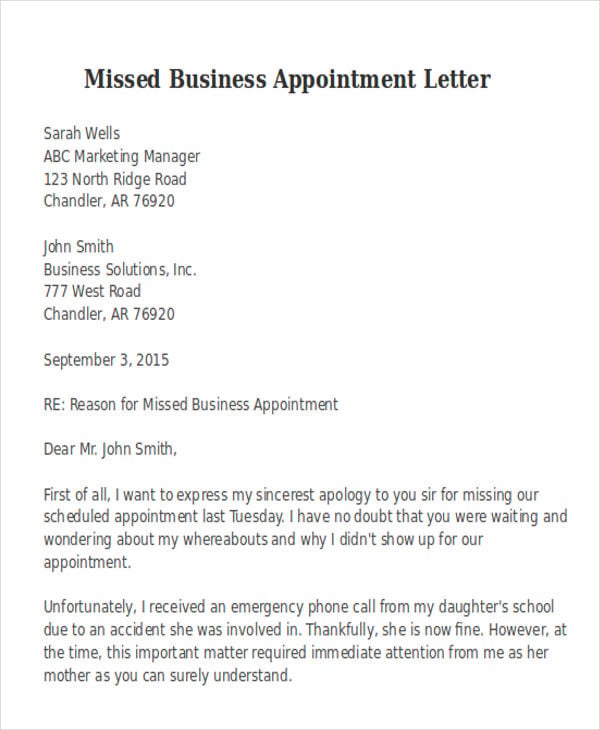 missed business appointment letter