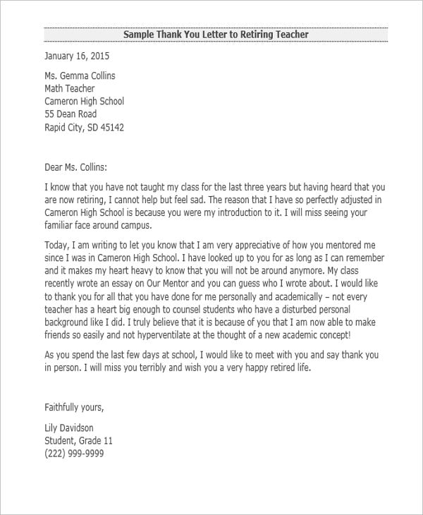 teacher retirement thank you letter