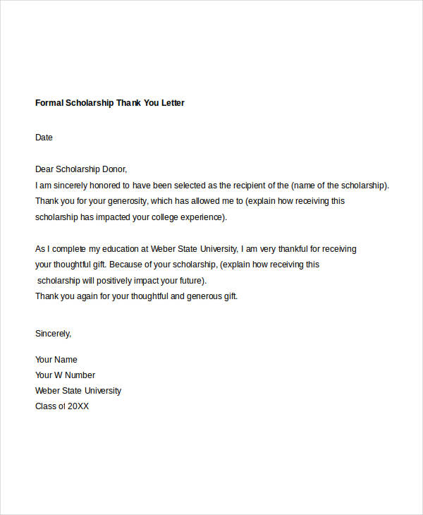 formal scholarship thank you letter