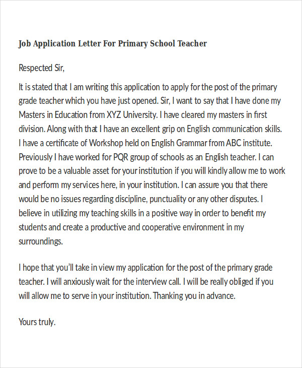 write an application letter for the job of a teacher