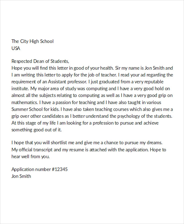 Example of application letter as teacher