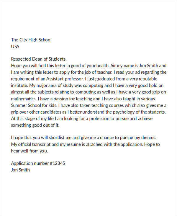 Application Letter For Teacher Format Secondary School Teacher Cover 