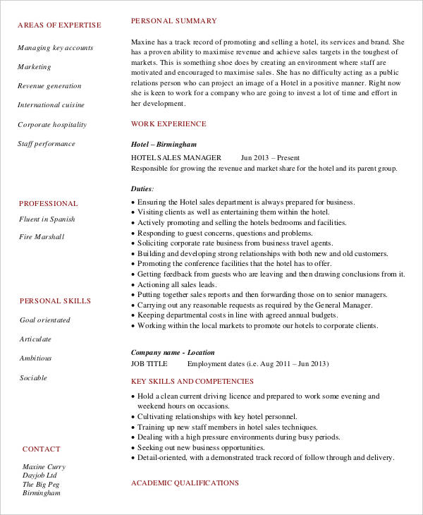hotel sales assistant resume