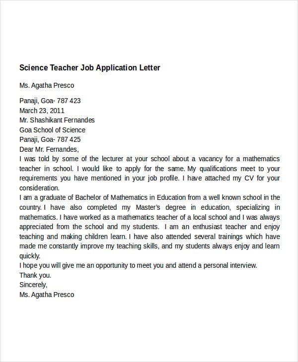 science teacher job application letter