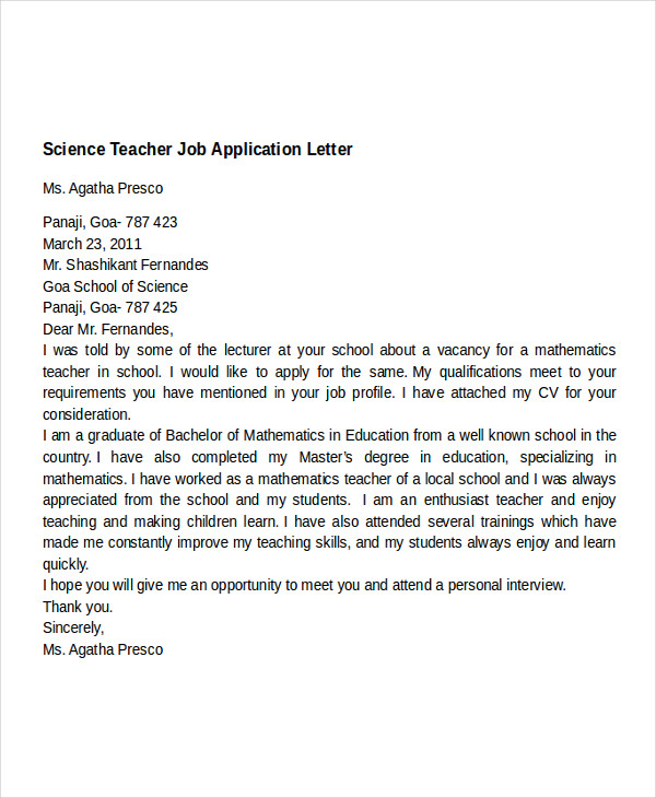 16+ Job Application Letter for Teacher Templates - PDF ...