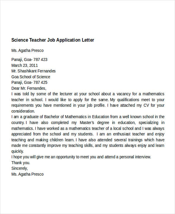 application letter for teachers applicant