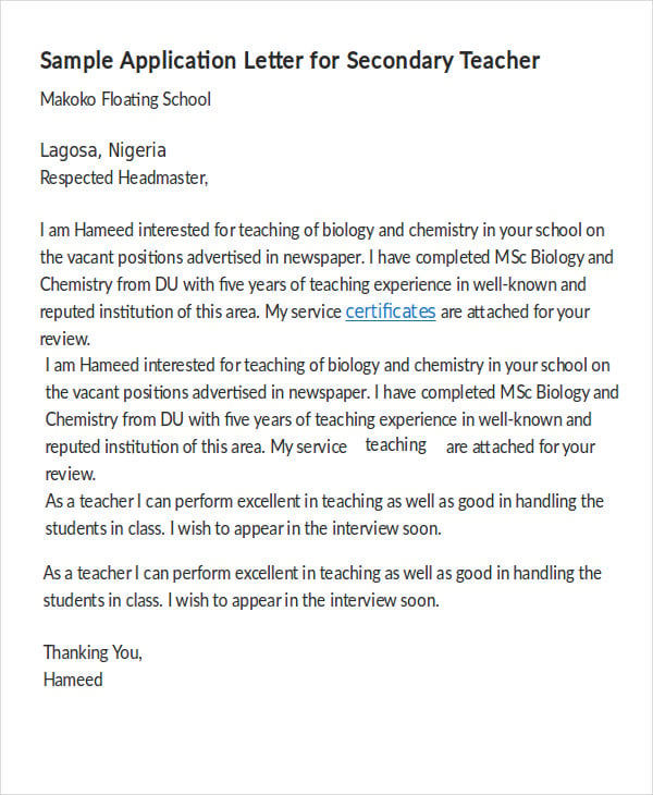 sample of application letter for teaching in secondary school