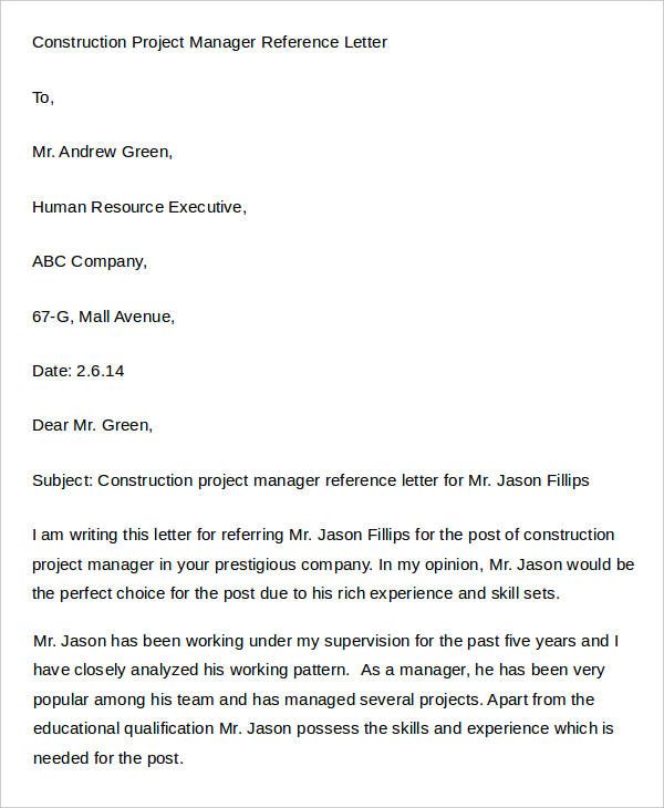 construction project manager reference letter