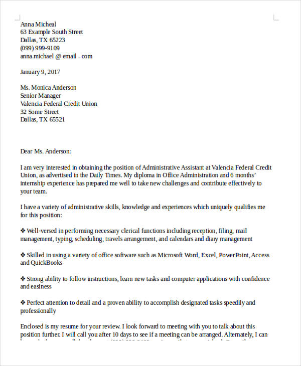 administrative assistant application letter example