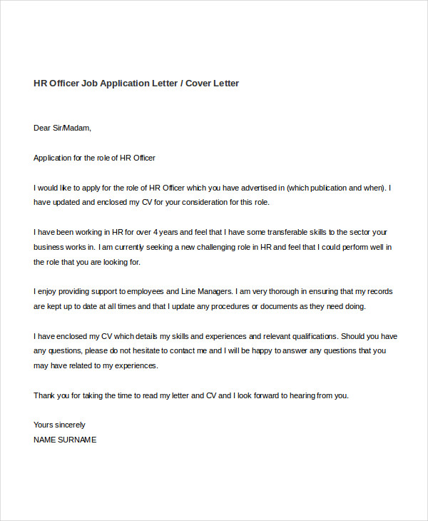 job application letter to hr sample