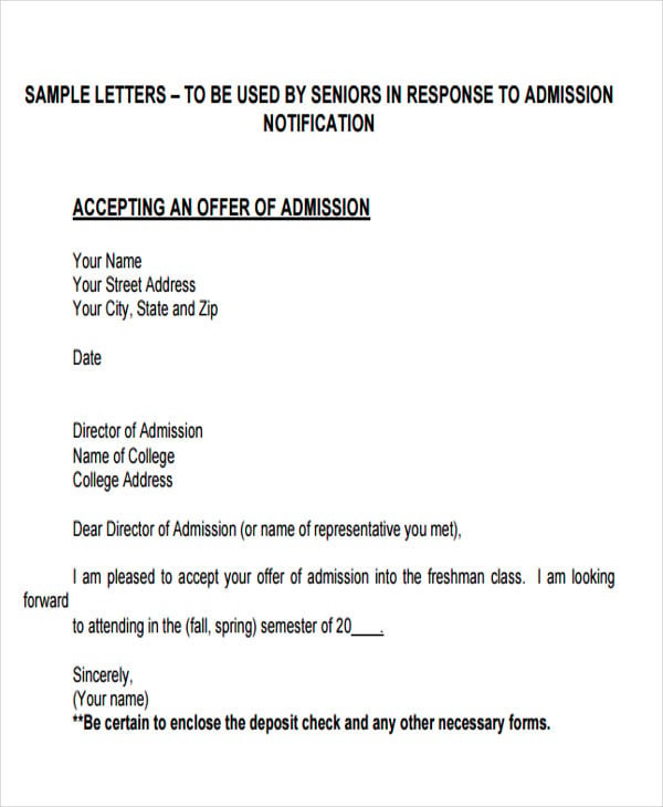 sample admission offer acceptance letter