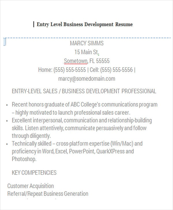 entry level business development resume