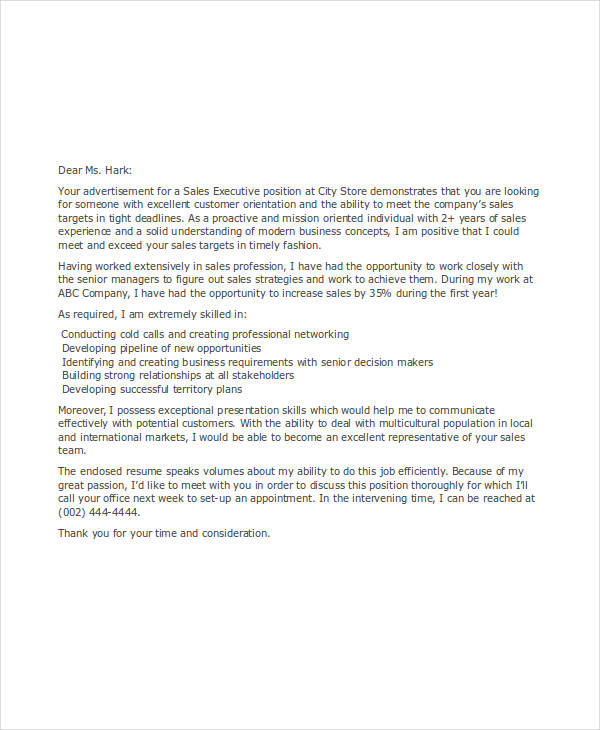 sample application letter for account executive position