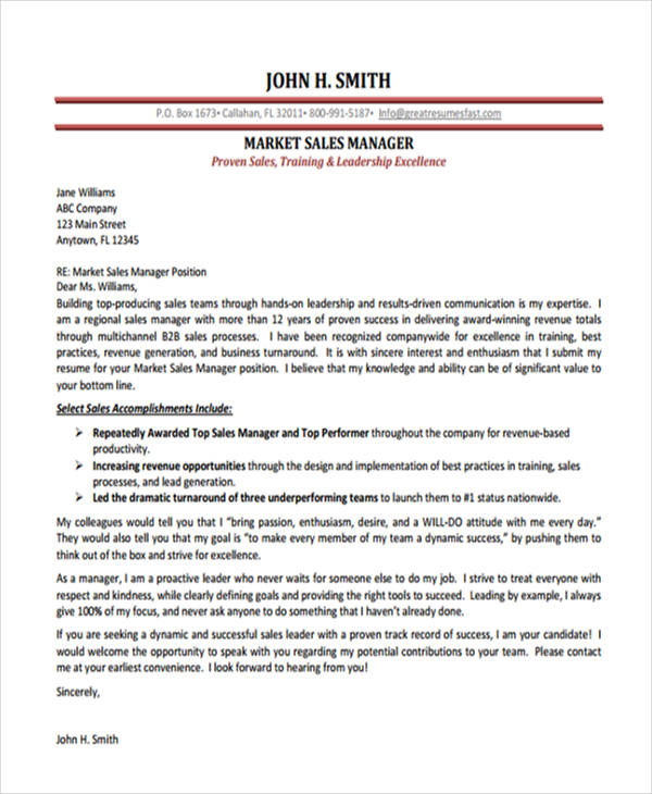 best sales manager application letter