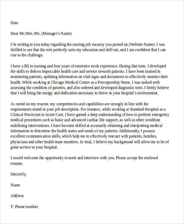 example of nursing job application letter
