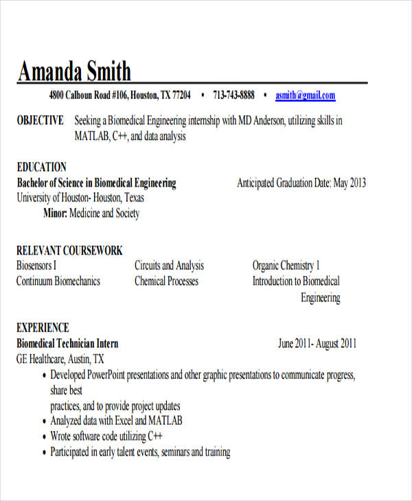 biomedical engineering internship resume