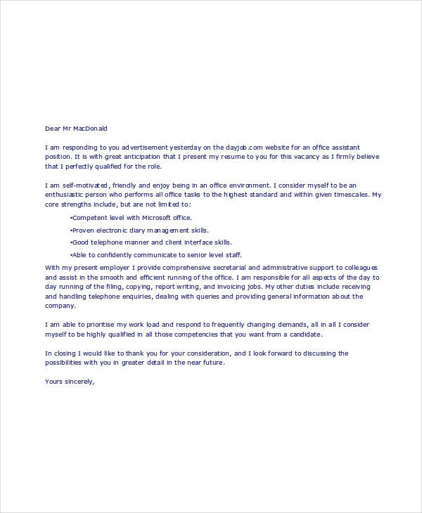 short application letter for office assistant