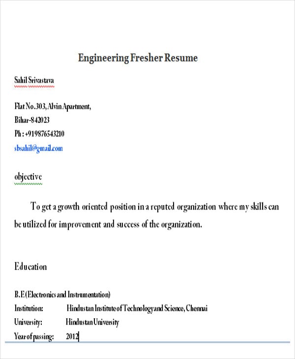engineering fresher resume doc