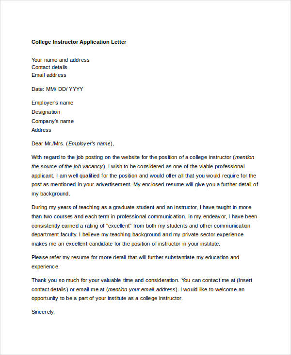 cover letter sample for college instructor