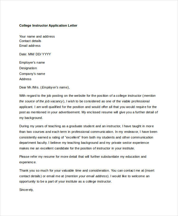 application letter for teaching in college