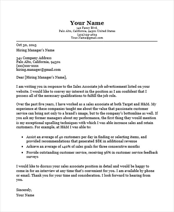 sales and marketing job application letter