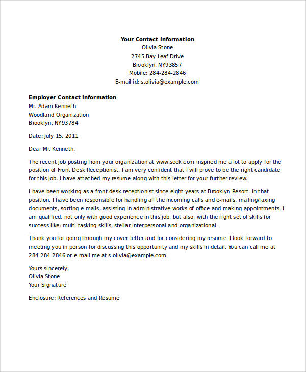 application letter for the post receptionist