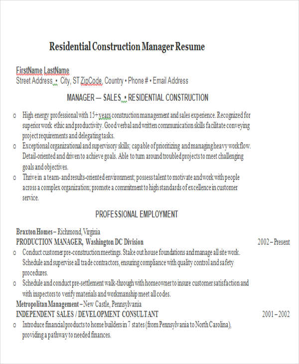 residential construction manager resume