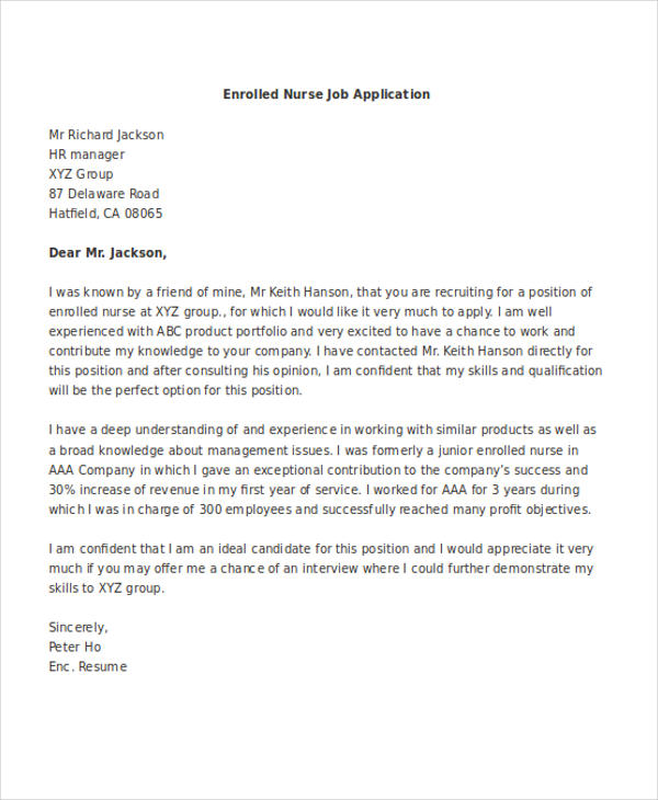 enrolled nurse job application letter